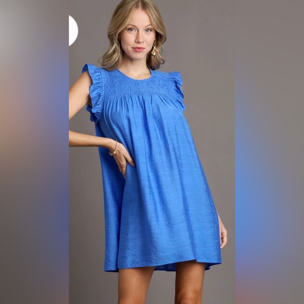 Umgee Blue Babydoll Dress Smocked Ruffle Sleeve Cottagecore M - Picture 4 of 11